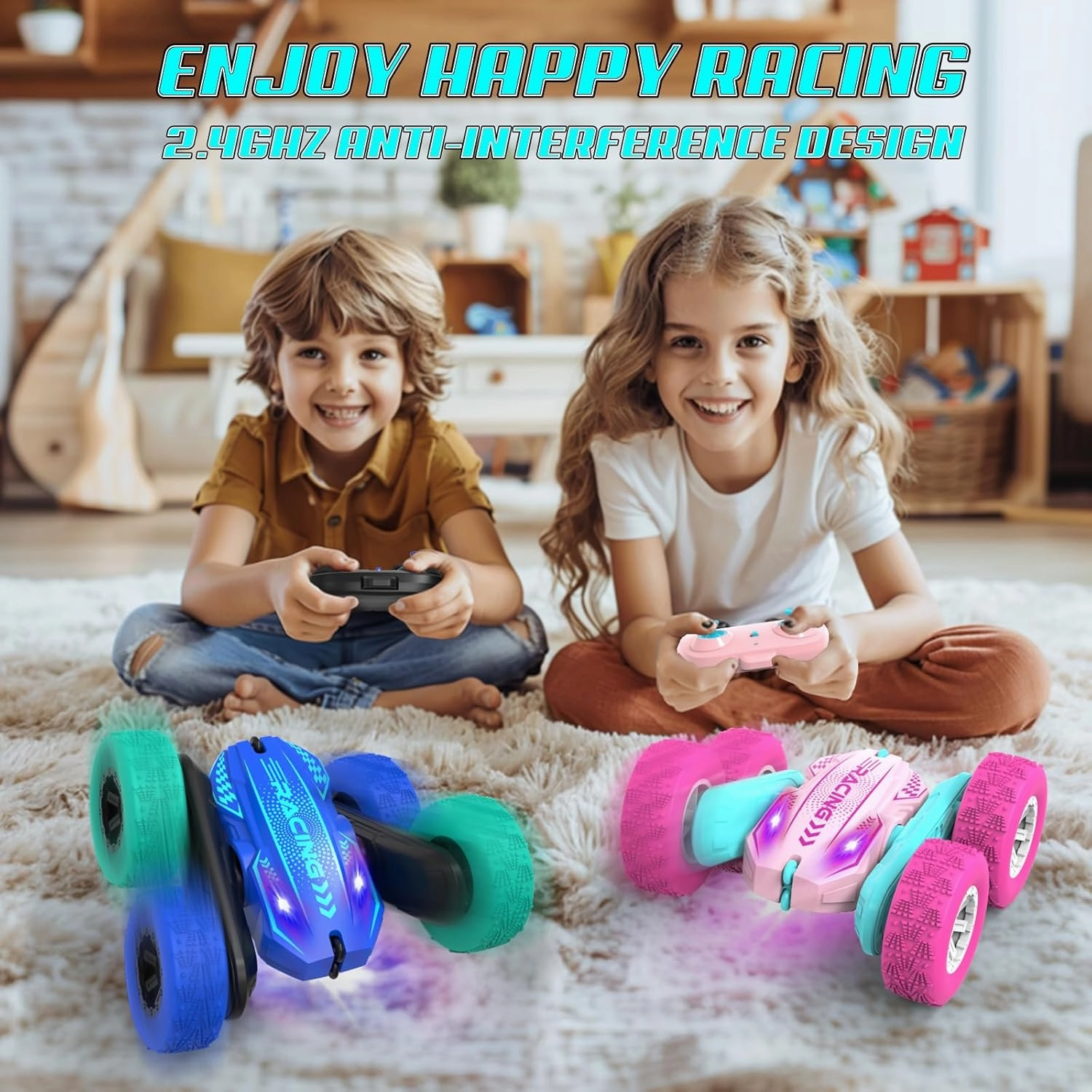 Remote Control Car for Girls, RC Car for Girls, 360° Stunt Rotating Double-Sided Race Remote Cars with Headlights, Fun Toys Christmas Birthday Gifts for 4-7 8-12 Years Old Boys Girls