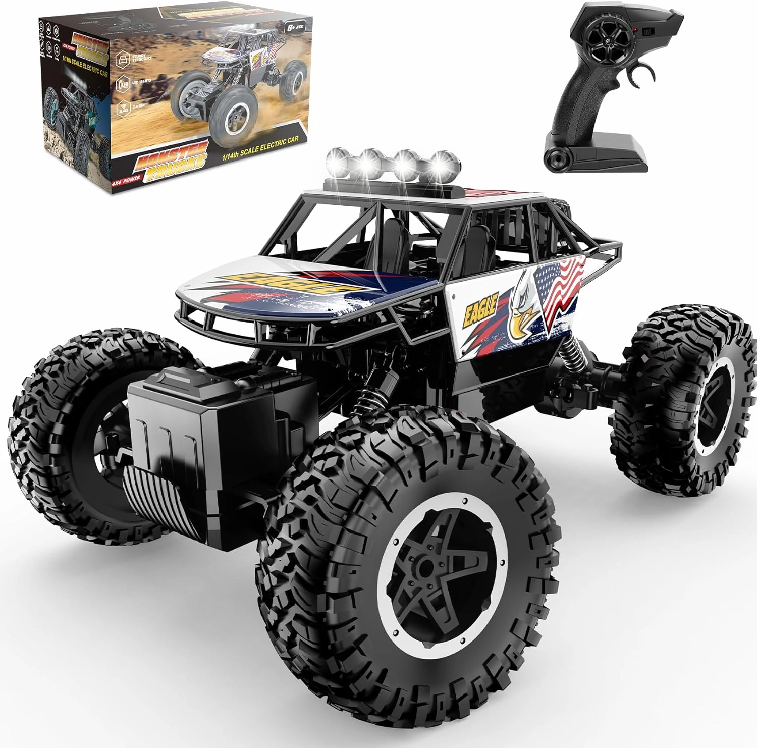 Remote Control Car RC Truck 1:14 Scale All Terrain Off-Road Monster Truck 4WD Electric Vehicle with 2.4 GHz Remote Control, 90 Minutes Running Time