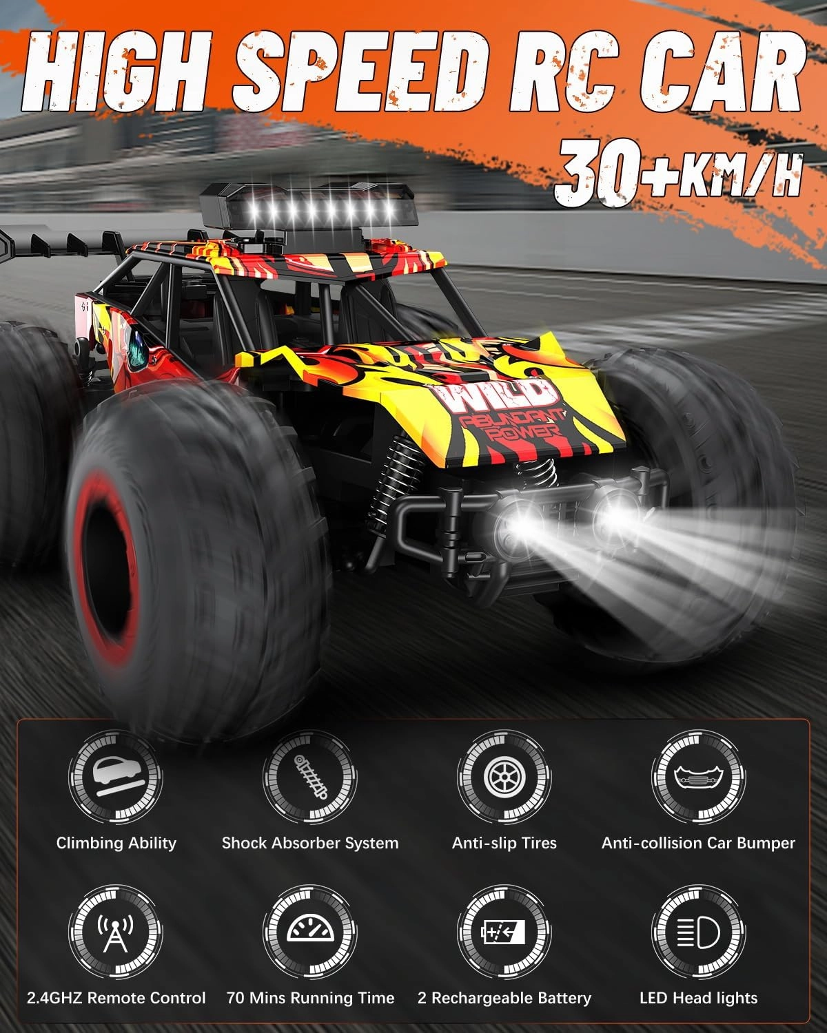 Remote Control Car, RC Truck for Boys 5-12, High Speed All Terrain Kids Toys, Monster Truck for Girls, With Car Body Lights & Headlights for Christmas Halloween Thanksgiving