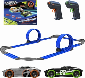 Remote Control Cordless Glow in The Dark High-Speed Super Loop Speedway Track Set with Two Cars for Dual Racing, Glow Blue