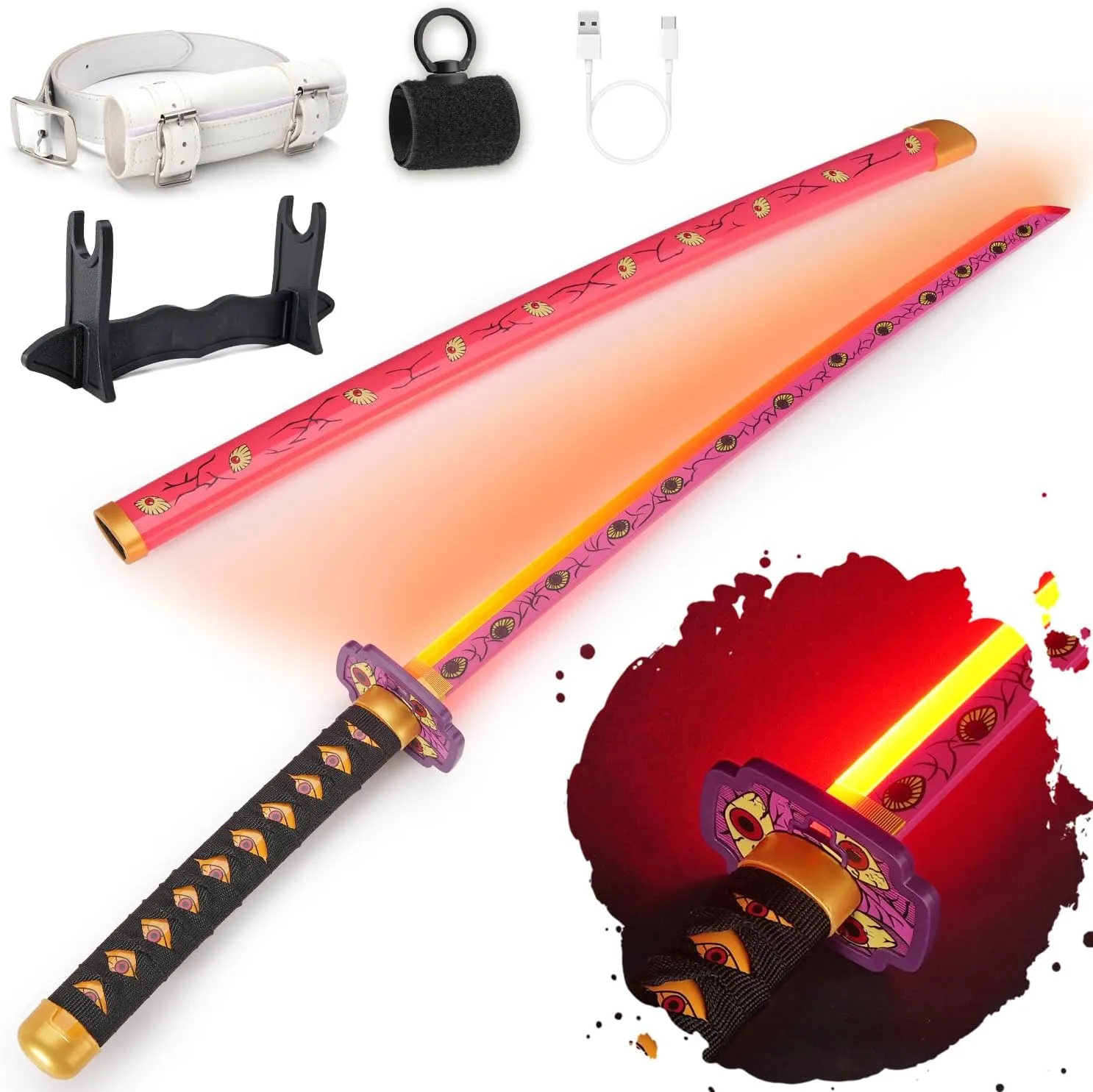RENGENG Light Up Sword, 40 Inches Rechargeable Plastic Anime Replica with Belt & Stand, Original Texture Anime Sword
