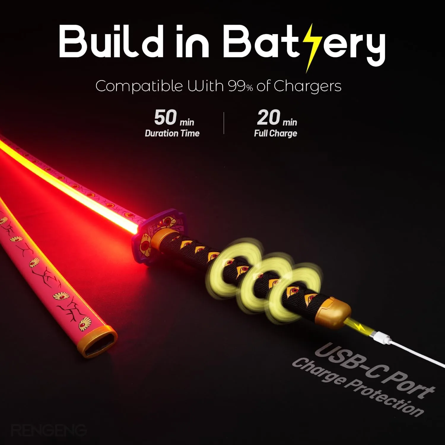 RENGENG Light Up Sword, 40 Inches Rechargeable Plastic Anime Replica with Belt & Stand, Original Texture Anime Sword