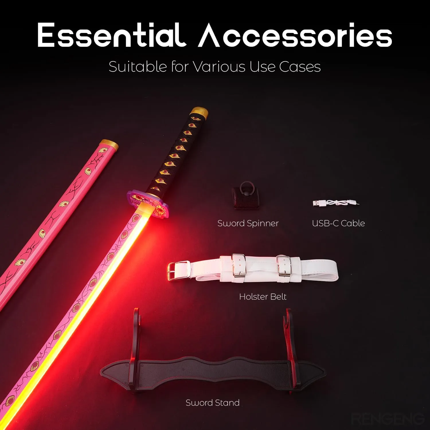 RENGENG Light Up Sword, 40 Inches Rechargeable Plastic Anime Replica with Belt & Stand, Original Texture Anime Sword