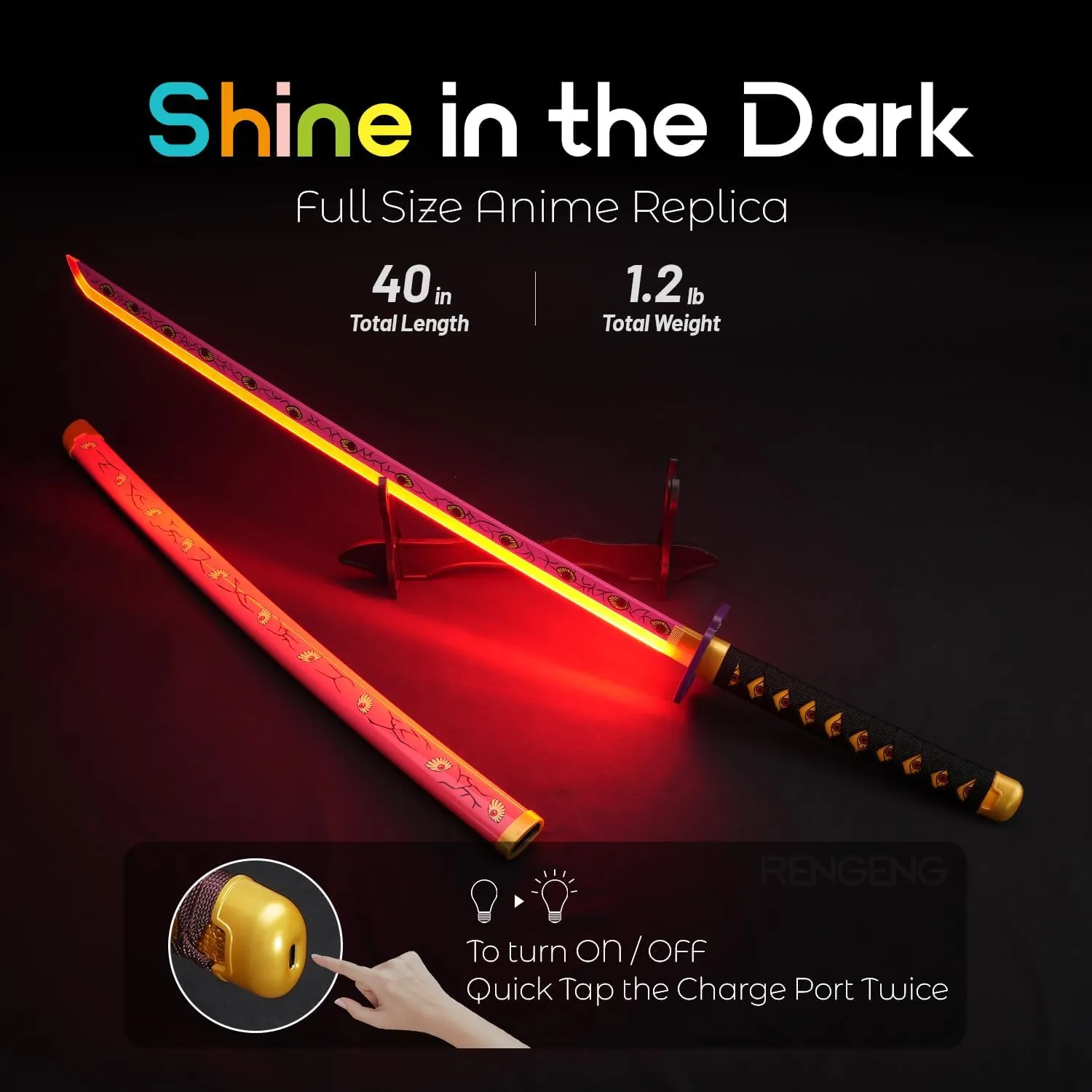 RENGENG Light Up Sword, 40 Inches Rechargeable Plastic Anime Replica with Belt & Stand, Original Texture Anime Sword