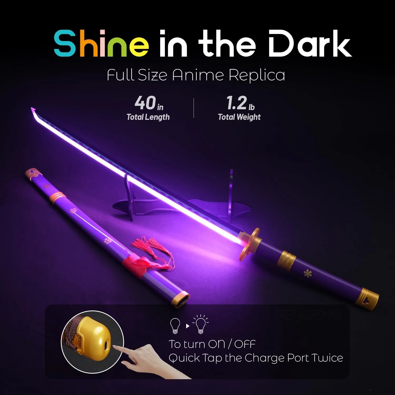 RENGENG Light Up Zoro Sword, 40 Inches Rechargeable Pre-Assembled Plastic Replica Anime Sword with Belt & Stand & Spinner