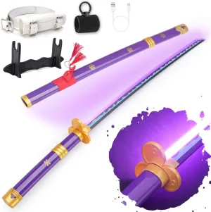 RENGENG Light Up Zoro Sword, 40 Inches Rechargeable Pre-Assembled Plastic Replica Anime Sword with Belt & Stand & Spinner