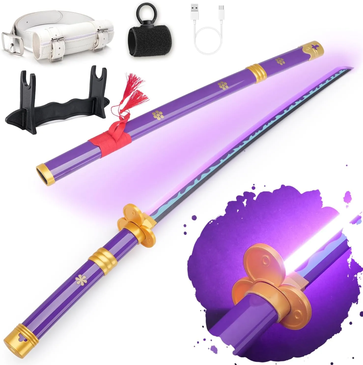 RENGENG Light Up Zoro Sword, 40 Inches Rechargeable Pre-Assembled Plastic Replica Anime Sword with Belt & Stand & Spinner