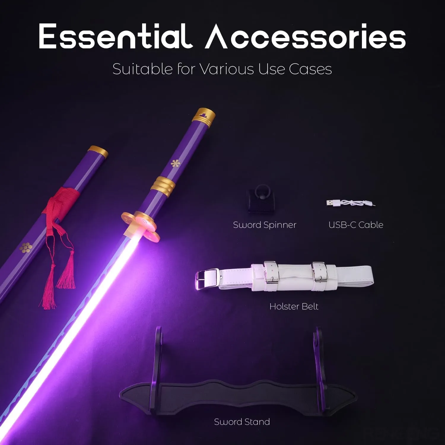 RENGENG Light Up Zoro Sword, 40 Inches Rechargeable Pre-Assembled Plastic Replica Anime Sword with Belt & Stand & Spinner
