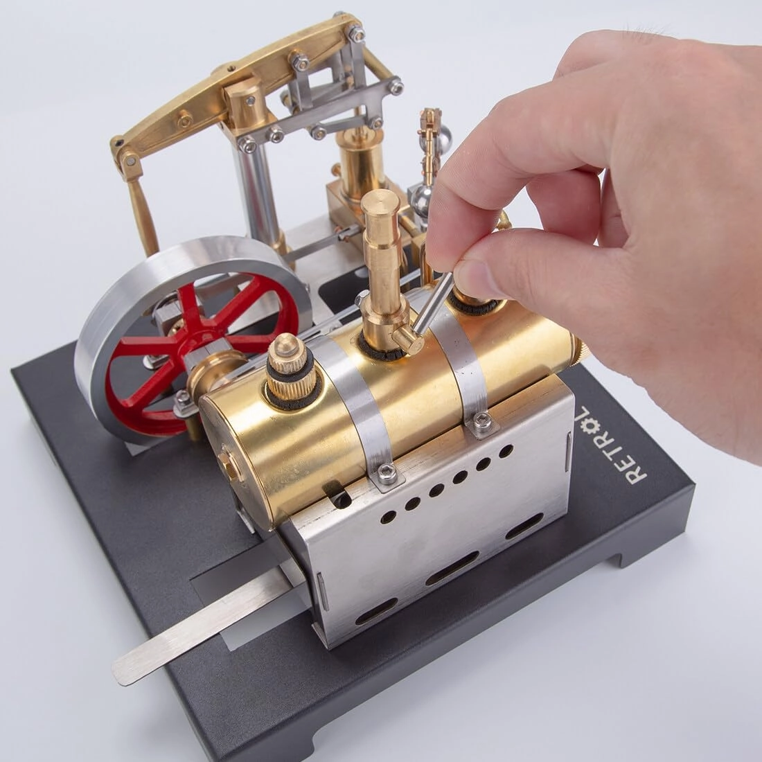 Retrol SE-01 Full Metal Stationary Steam Engine Model Kit, DIY Assembly with Horizontal Boiler & Flyball Governor, Mechanical Gift for Steam Engine Enthusiasts (84PCS)