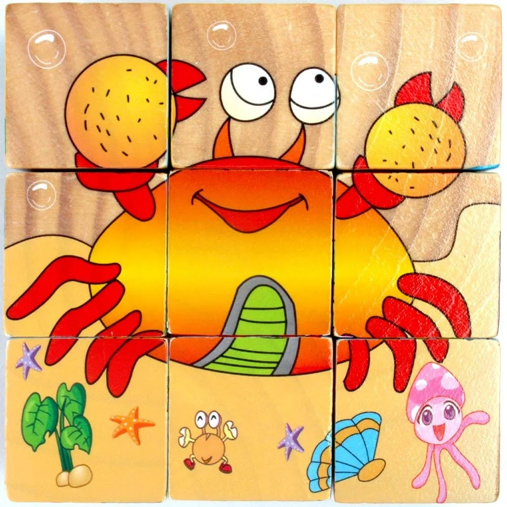 Return Gifts (Pack of 3,5,12) 3D 6 Face Animal Block Puzzle 6 in 1 Wooden Cube Jigsaw Toys (Aqua Animals)