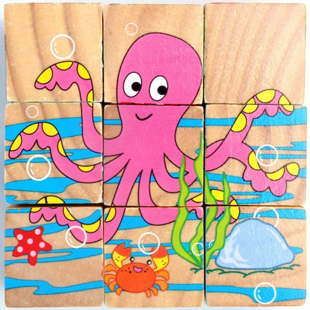 Return Gifts (Pack of 3,5,12) 3D 6 Face Animal Block Puzzle 6 in 1 Wooden Cube Jigsaw Toys (Aqua Animals)