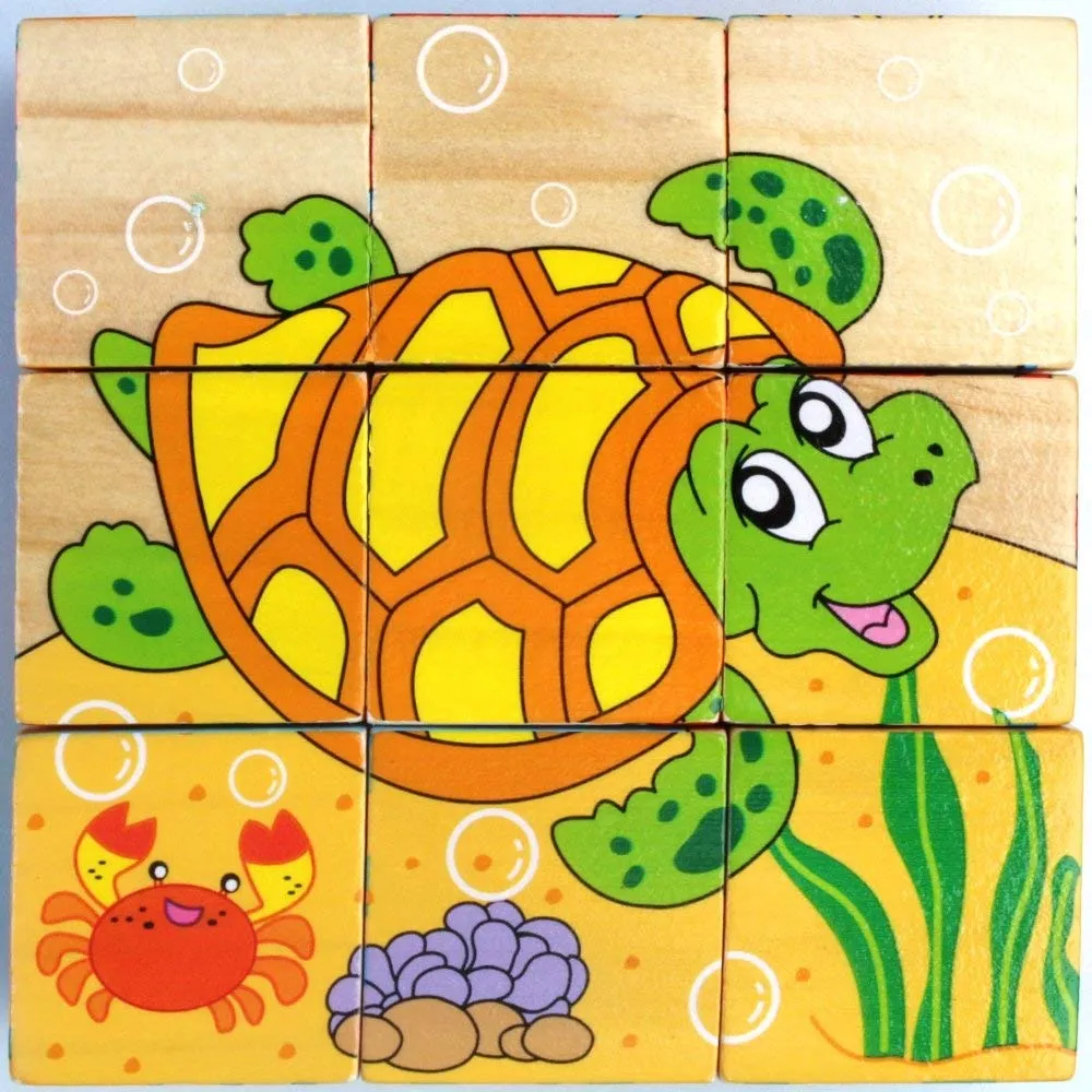 Return Gifts (Pack of 3,5,12) 3D 6 Face Animal Block Puzzle 6 in 1 Wooden Cube Jigsaw Toys (Aqua Animals)