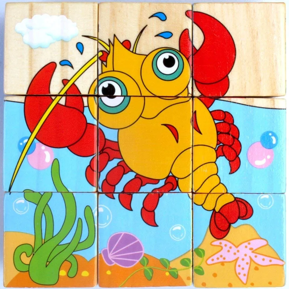 Return Gifts (Pack of 3,5,12) 3D 6 Face Animal Block Puzzle 6 in 1 Wooden Cube Jigsaw Toys (Aqua Animals)