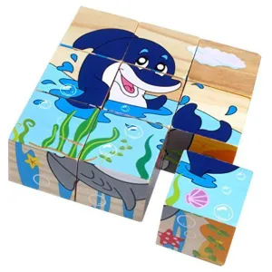Return Gifts (Pack of 3,5,12) 3D 6 Face Animal Block Puzzle 6 in 1 Wooden Cube Jigsaw Toys (Aqua Animals)
