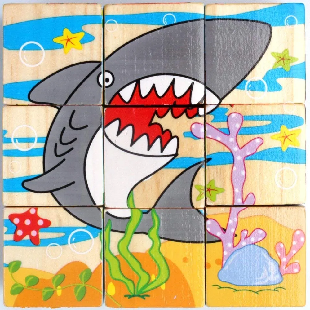 Return Gifts (Pack of 3,5,12) 3D 6 Face Animal Block Puzzle 6 in 1 Wooden Cube Jigsaw Toys (Aqua Animals)