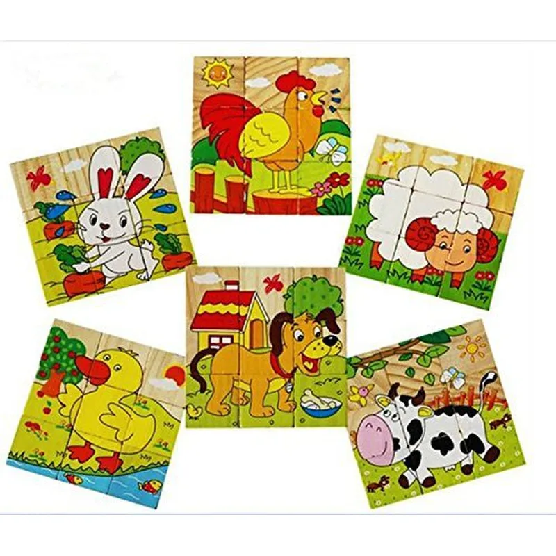 Return Gifts (Pack of 3,5,12) 3D 6 Face Animal Block Puzzle 6 in 1 Wooden Cube Jigsaw Toys (Farm Animals)