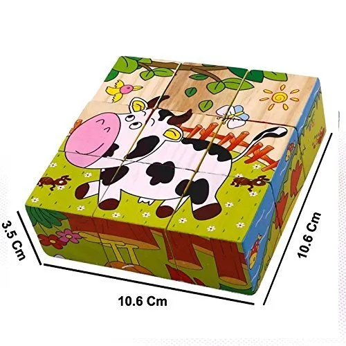 Return Gifts (Pack of 3,5,12) 3D 6 Face Animal Block Puzzle 6 in 1 Wooden Cube Jigsaw Toys (Farm Animals)