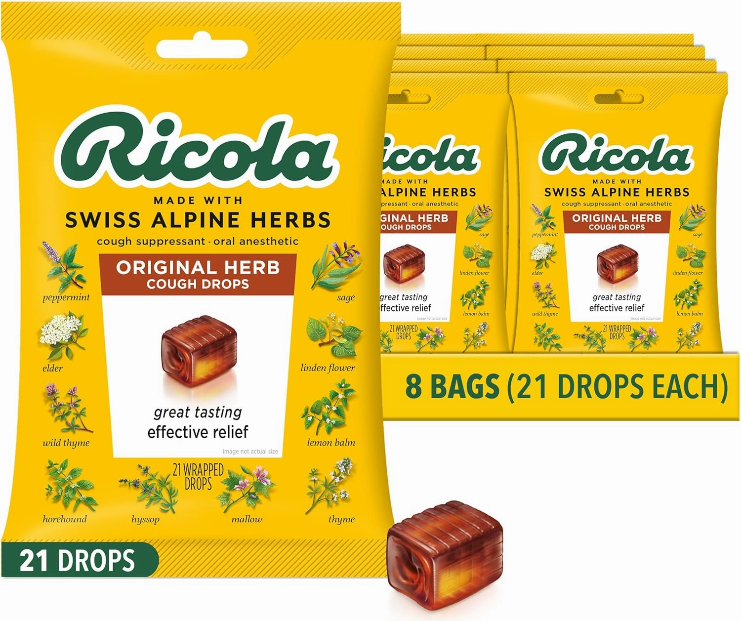 Ricola Original Herb Cough Drops, 21 Count (Pack of 8) Cough Suppressant Throat Drops with Naturally Sourced Menthol, Pleasing Herbal Taste for Coughs & Throat Irritation Symptom Relief