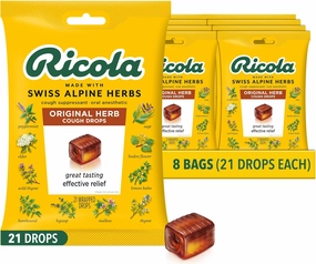Ricola Original Herb Cough Drops, 21 Count (Pack of 8) Cough Suppressant Throat Drops with Naturally Sourced Menthol, Pleasing Herbal Taste for Coughs & Throat Irritation Symptom Relief