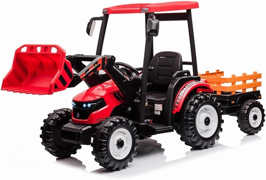 Ride on Tractor with Trailer&Front Loader, 3IN1 24V Dual Motors Ground Loader, Battery Powered Electric Vehicle Tractor Toys with Safety Belt, Red(Kids Tractor with Trailer&Front Loader)