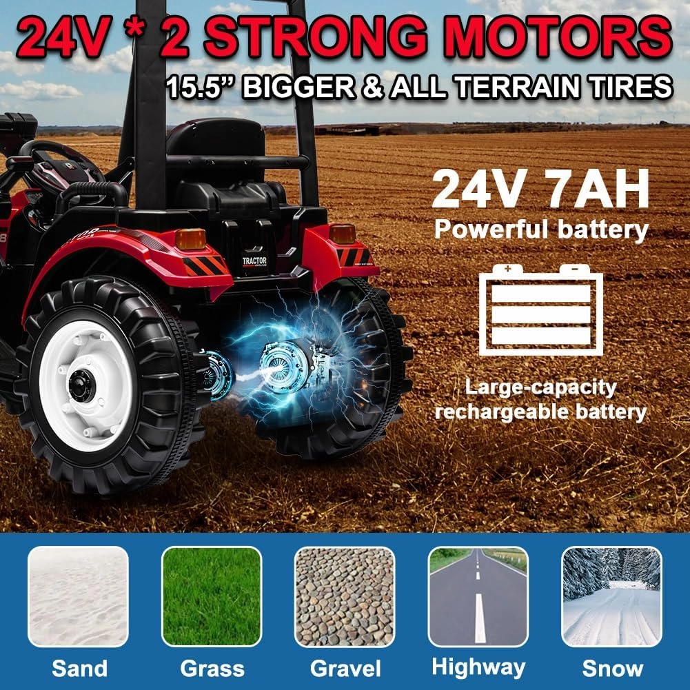 Ride on Tractor with Trailer&Front Loader, 3IN1 24V Dual Motors Ground Loader, Battery Powered Electric Vehicle Tractor Toys with Safety Belt, Red(Kids Tractor with Trailer&Front Loader)