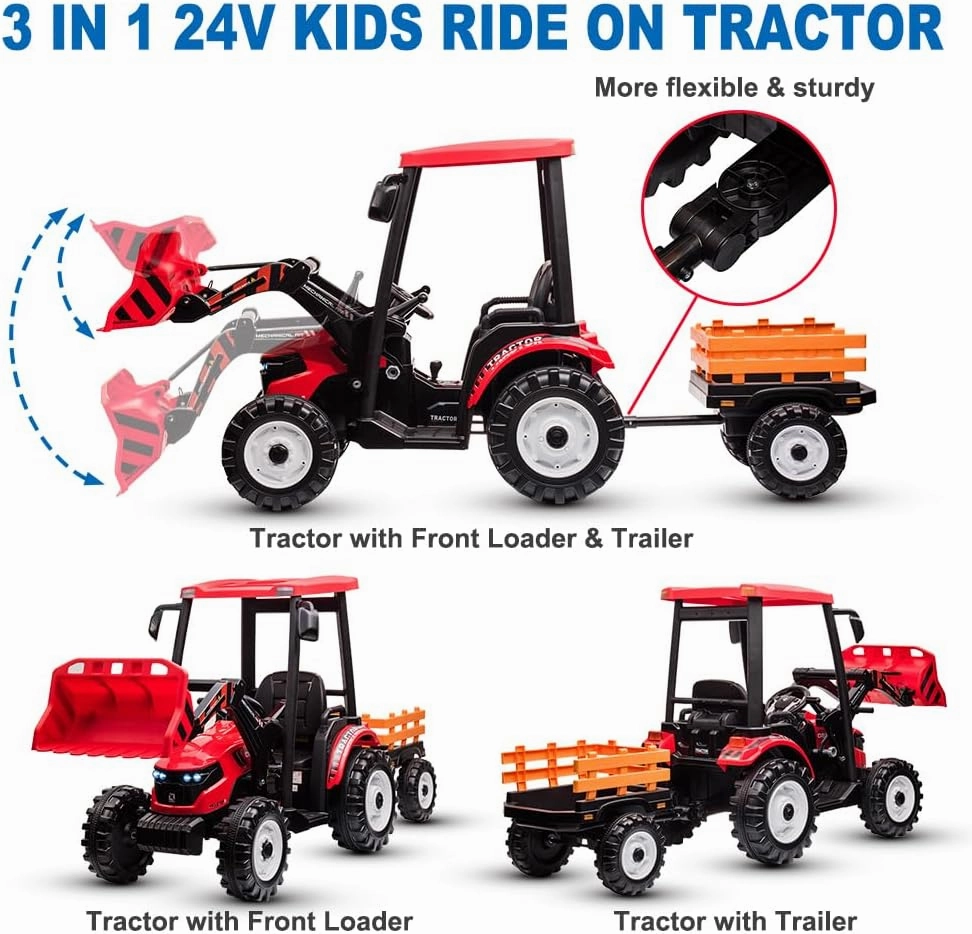 Ride on Tractor with Trailer&Front Loader, 3IN1 24V Dual Motors Ground Loader, Battery Powered Electric Vehicle Tractor Toys with Safety Belt, Red(Kids Tractor with Trailer&Front Loader)