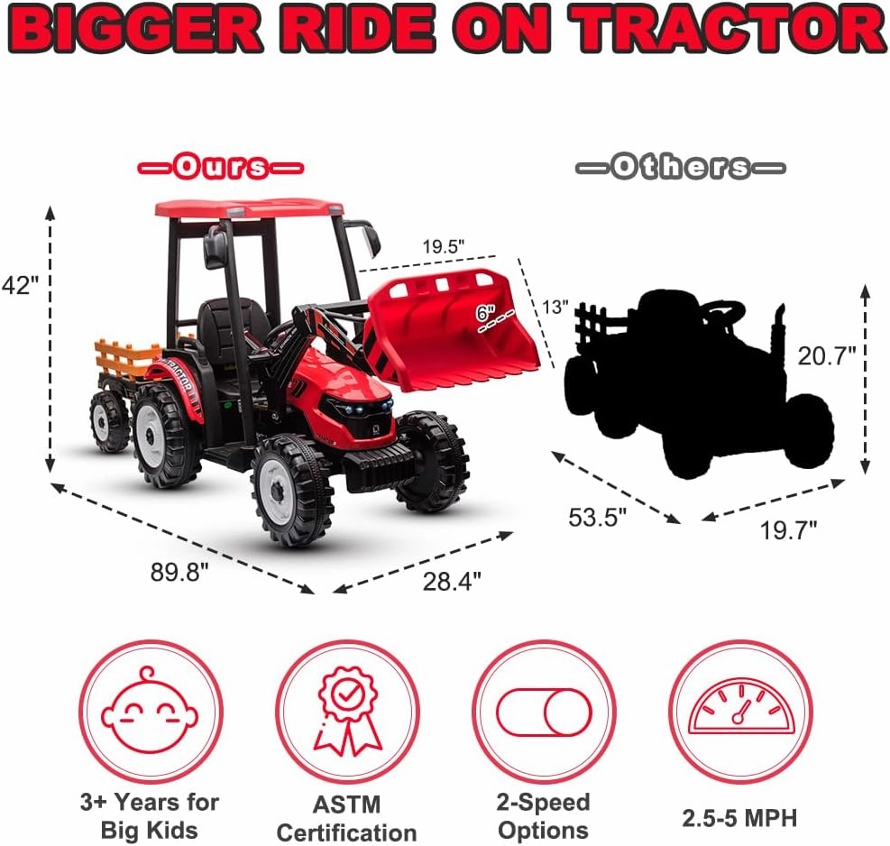 Ride on Tractor with Trailer&Front Loader, 3IN1 24V Dual Motors Ground Loader, Battery Powered Electric Vehicle Tractor Toys with Safety Belt, Red(Kids Tractor with Trailer&Front Loader)