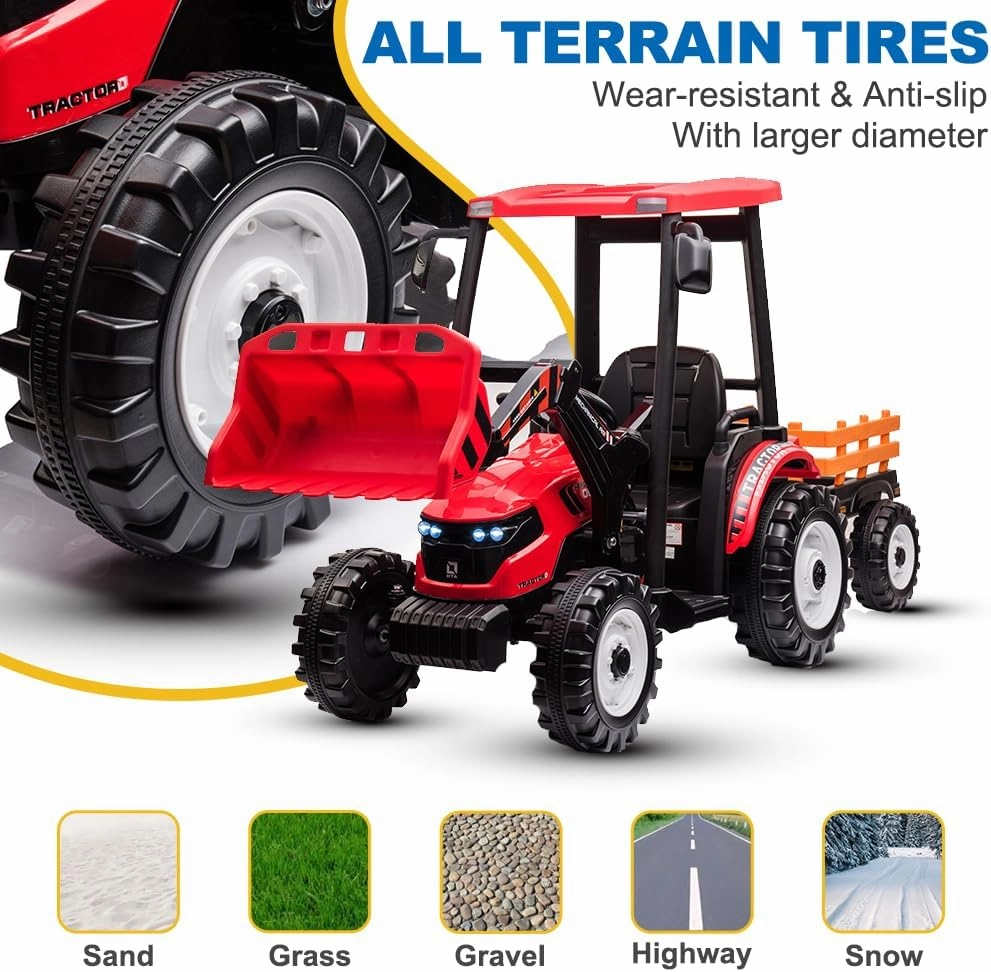 Ride on Tractor with Trailer&Front Loader, 3IN1 24V Dual Motors Ground Loader, Battery Powered Electric Vehicle Tractor Toys with Safety Belt, Red(Kids Tractor with Trailer&Front Loader)