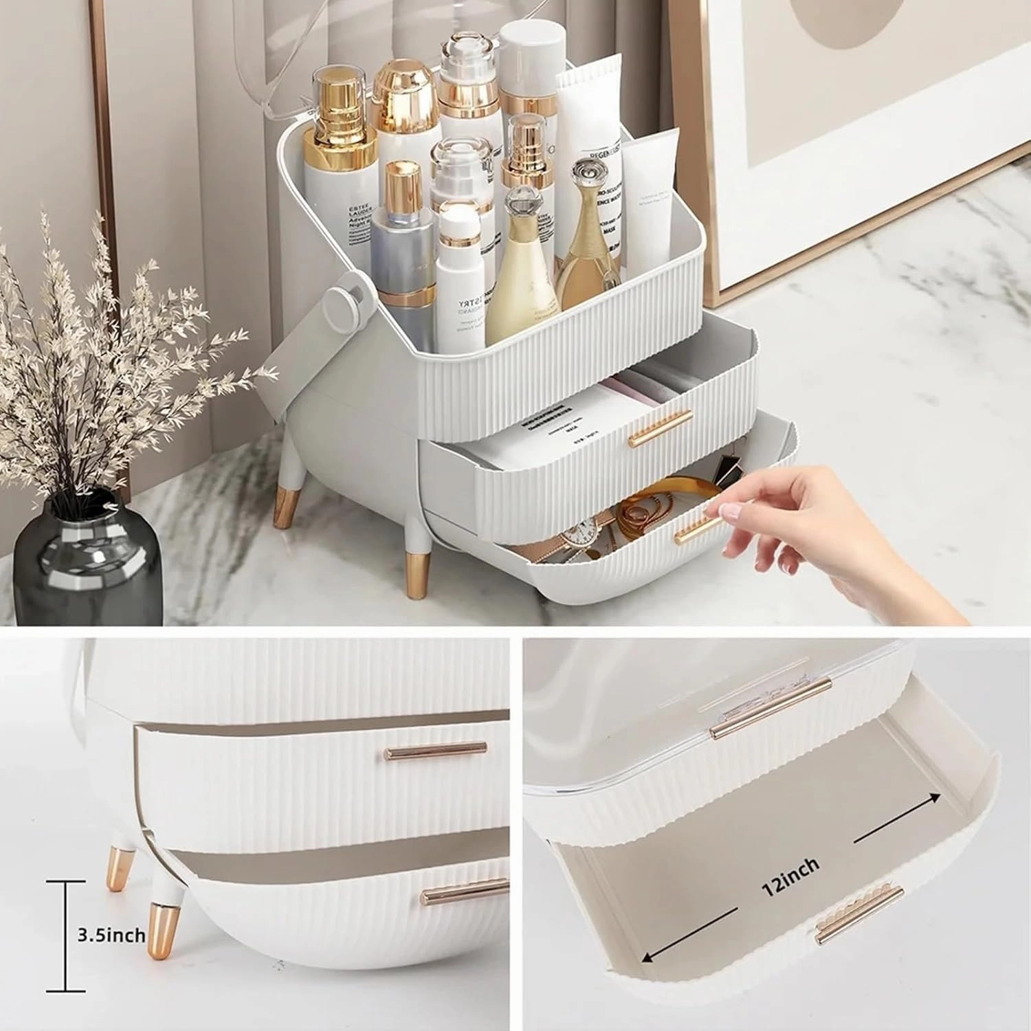 RMAN Makeup Organizer for Vanity Make up and Cosmetics Storage with Lid and Drawers Skincare Organizers Display Cases for Countertop Bathroom Dresser