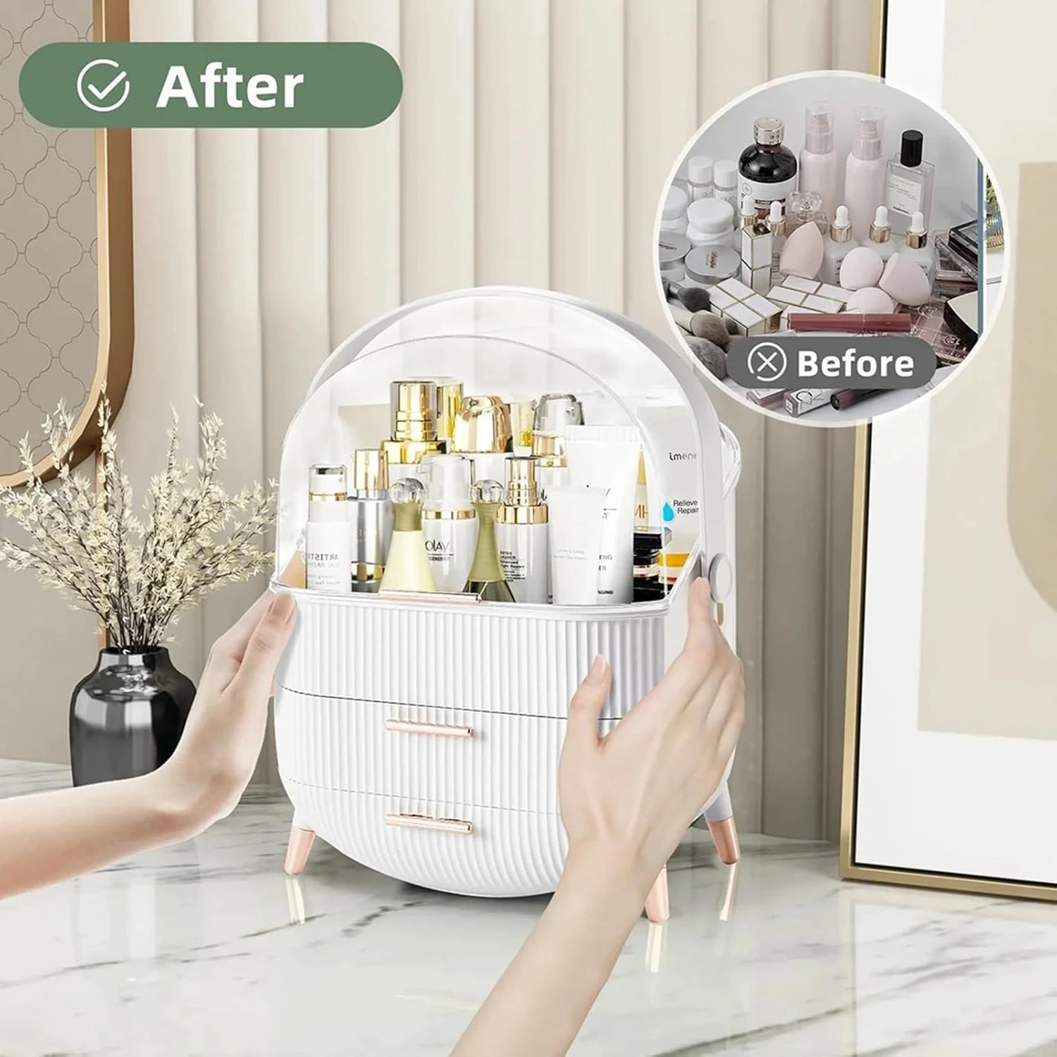 RMAN Makeup Organizer for Vanity Make up and Cosmetics Storage with Lid and Drawers Skincare Organizers Display Cases for Countertop Bathroom Dresser