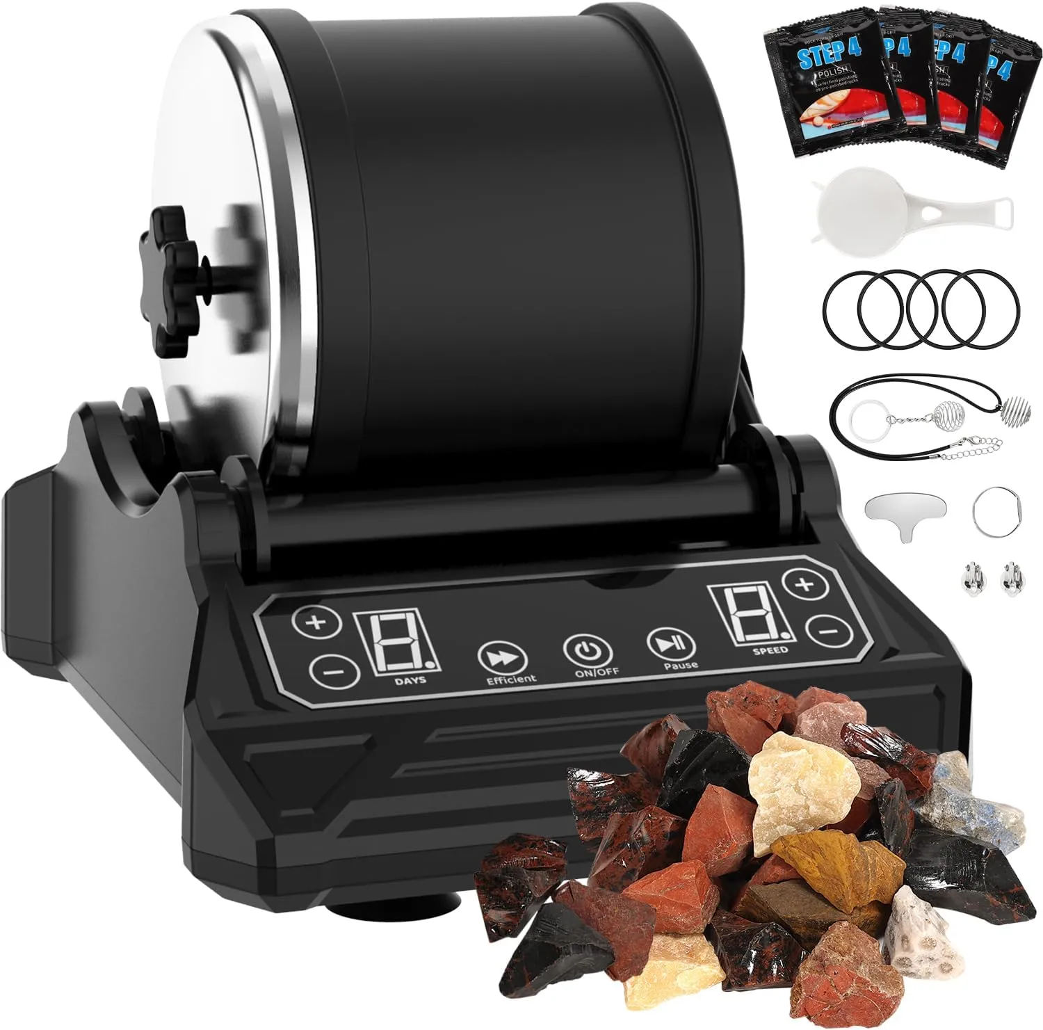 Rock Tumbler Kit Barrel Rock Tumbler for Adults Kids Rock Polisher Tumbler Kit LCD Display 9-Speed Motor 9-Day Timer 0.55lb Rough Gemstones 4 Polishing Grits Complete STEM Science Hobby Kit