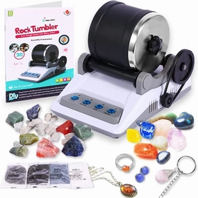 Rock Tumbler Kit - Turn Rough Rocks into Beautiful Gems with 7-Day Timer, Includes 2 Belts, Bag of Rough Stones, 4 Stages of Grits: Coarse, Fine, Polishing, Final Polishing