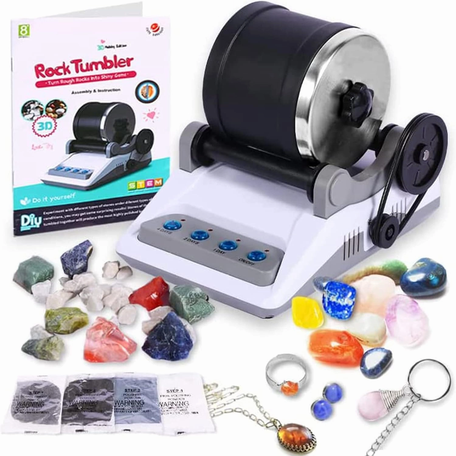 Rock Tumbler Kit - Turn Rough Rocks into Beautiful Gems with 7-Day Timer, Includes 2 Belts, Bag of Rough Stones, 4 Stages of Grits: Coarse, Fine, Polishing, Final Polishing