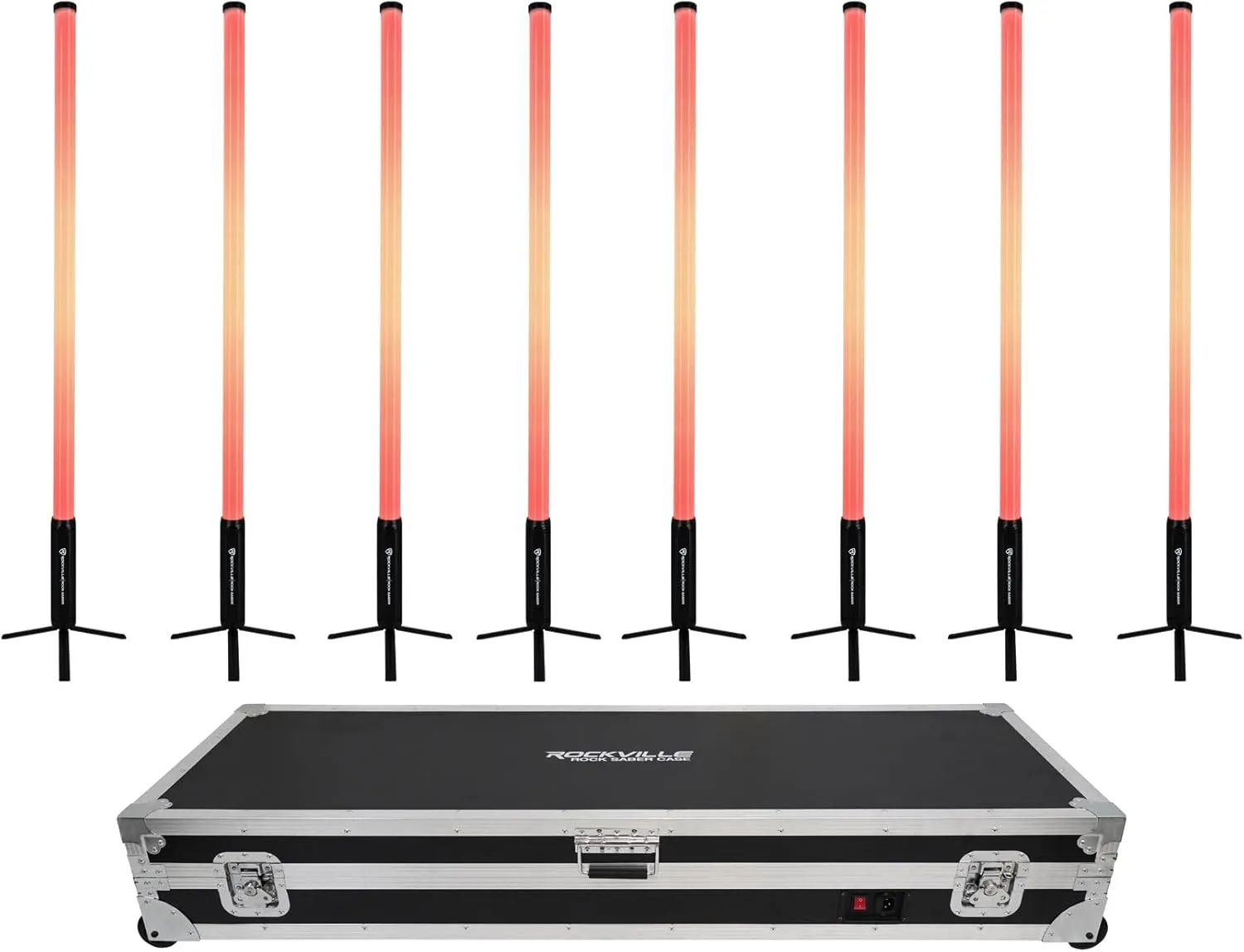 Rockville 8X Rock Saber Black Wireless DMX DJ Tube Lights with Charging Case, 5ft, 23H Rechargeable Battery, 192 RGBWA LEDs, IP65 Indoor/Outdoor, App Control Remote, Floor Stand/Truss Mount