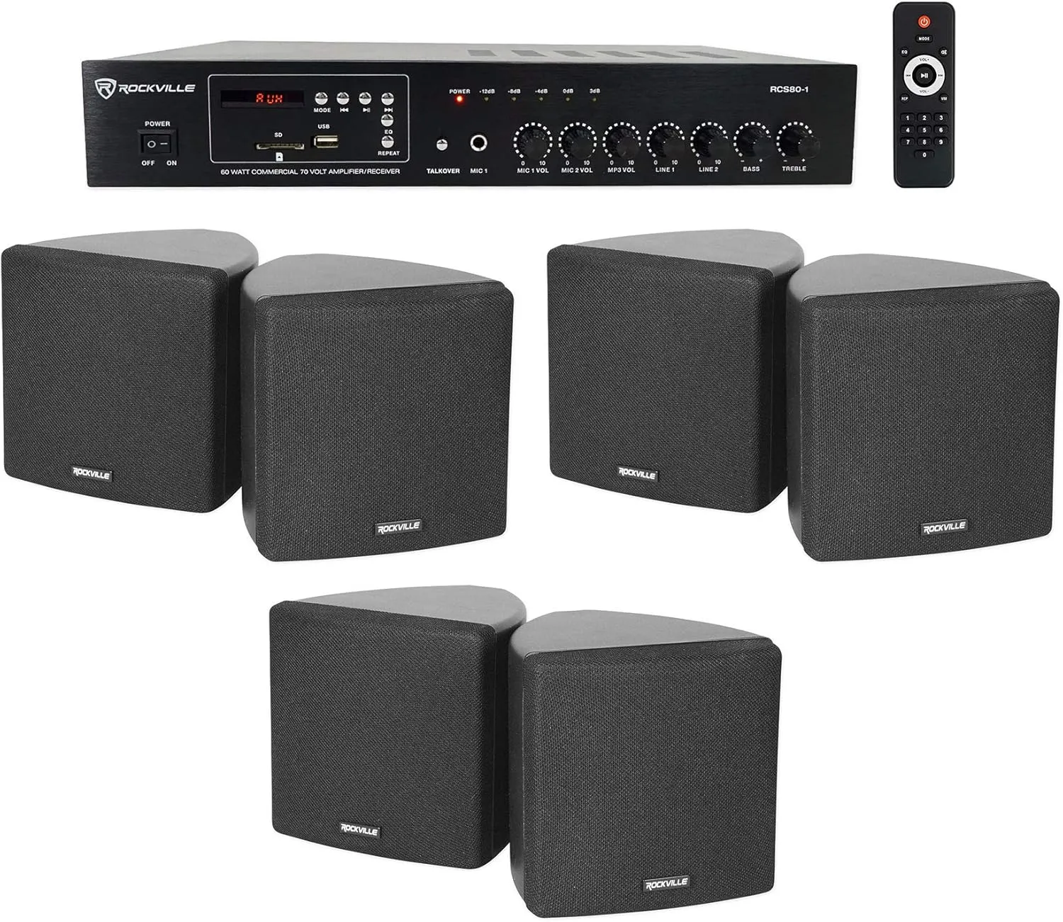Rockville Commercial Restaurant Bluetooth Amplifier (6) 3.5" Black Cube Speakers