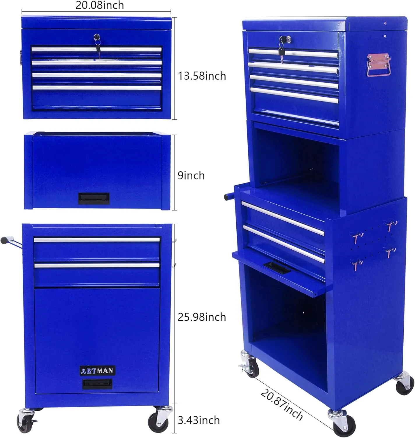 Rolling Tool Chest Metal Tool Box with Wheels Tool Cabinet Portable Tool Box with Wheels High Capacity Rolling Tool Chest with Wheels and Drawers 6-Drawer Tool Storage Cabinet, Blue