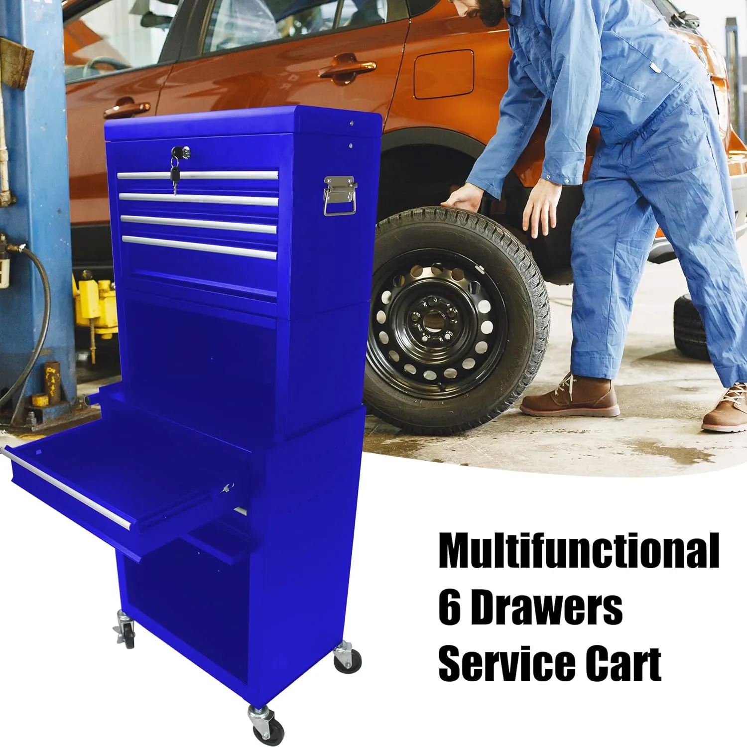 Rolling Tool Chest Metal Tool Box with Wheels Tool Cabinet Portable Tool Box with Wheels High Capacity Rolling Tool Chest with Wheels and Drawers 6-Drawer Tool Storage Cabinet, Blue