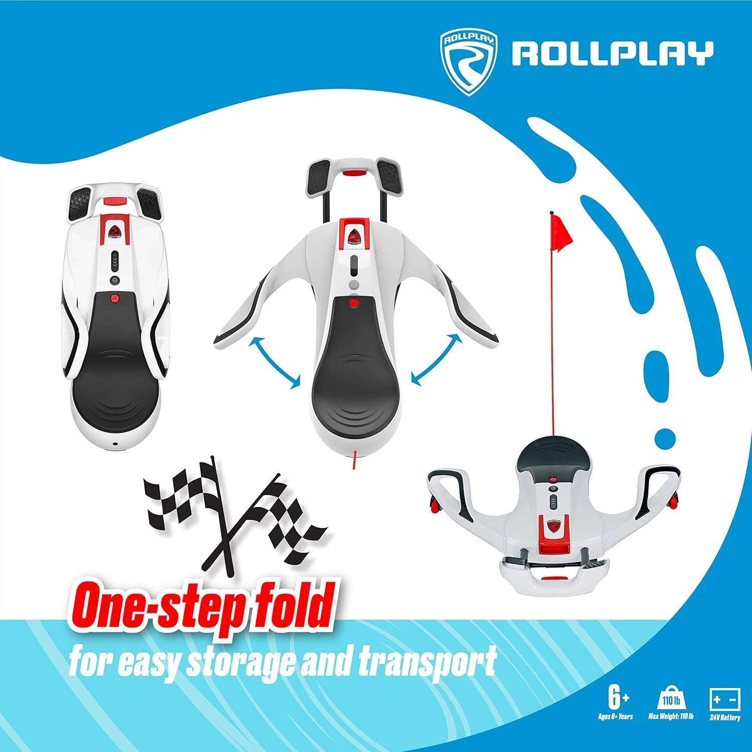 Rollplay Nighthawk NexGen Electric Ride On Toy for Ages 6 & Up with High Power 24V Lithium Ion Battery, Side Handlebars for Steering, and a Top Speed of 6.5 MPH, White