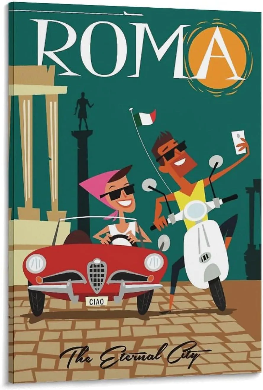 Rome Italy Motorcycle Car Vintage Travel Poster Print Canvas Wall Art for Bedroom Living Room HD Print Posters 08x12inch(20x30cm)