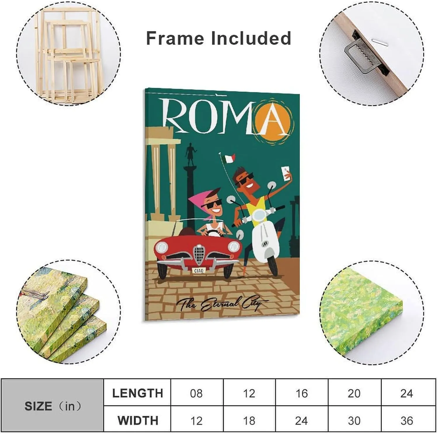 Rome Italy Motorcycle Car Vintage Travel Poster Print Canvas Wall Art for Bedroom Living Room HD Print Posters 08x12inch(20x30cm)
