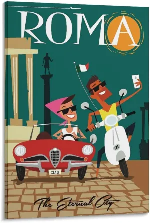 Rome Italy Motorcycle Car Vintage Travel Poster Print Canvas Wall Art for Bedroom Living Room HD Print Posters 08x12inch(20x30cm)