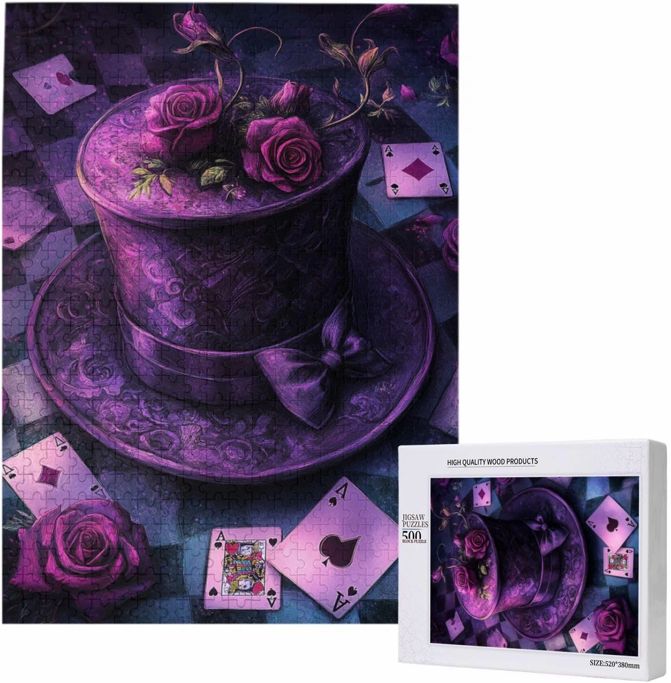 Rose and Card On Magic Hat, 500 Pcs Wooden Jigsaw Puzzles for Adults,Creative Games and Holiday Party Gifts Artwork Wall Home Decoration, Release Stress,Gift for Friends and Relatives