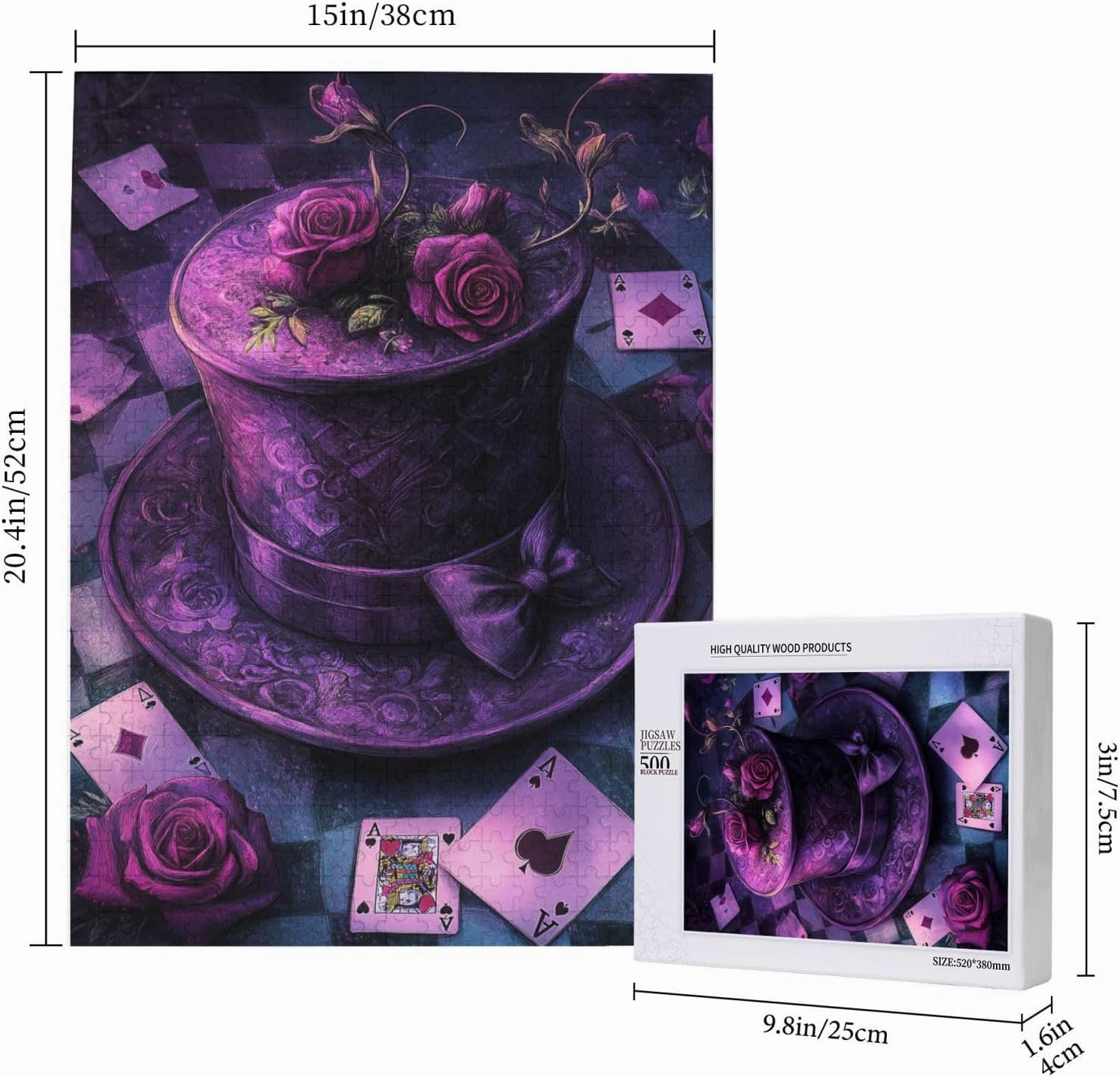 Rose and Card On Magic Hat, 500 Pcs Wooden Jigsaw Puzzles for Adults,Creative Games and Holiday Party Gifts Artwork Wall Home Decoration, Release Stress,Gift for Friends and Relatives