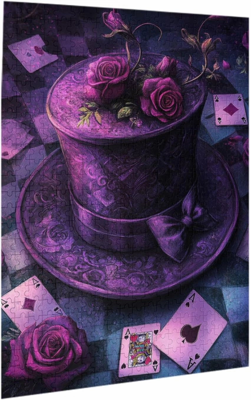 Rose and Card On Magic Hat, 500 Pcs Wooden Jigsaw Puzzles for Adults,Creative Games and Holiday Party Gifts Artwork Wall Home Decoration, Release Stress,Gift for Friends and Relatives