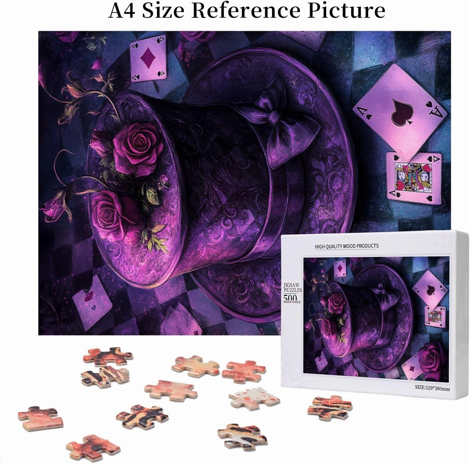 Rose and Card On Magic Hat, 500 Pcs Wooden Jigsaw Puzzles for Adults,Creative Games and Holiday Party Gifts Artwork Wall Home Decoration, Release Stress,Gift for Friends and Relatives
