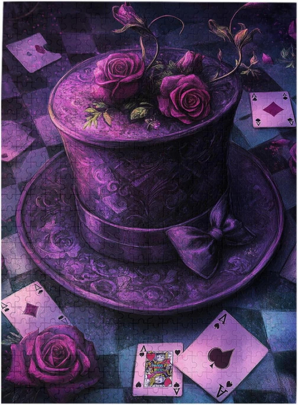 Rose and Card On Magic Hat, 500 Pcs Wooden Jigsaw Puzzles for Adults,Creative Games and Holiday Party Gifts Artwork Wall Home Decoration, Release Stress,Gift for Friends and Relatives