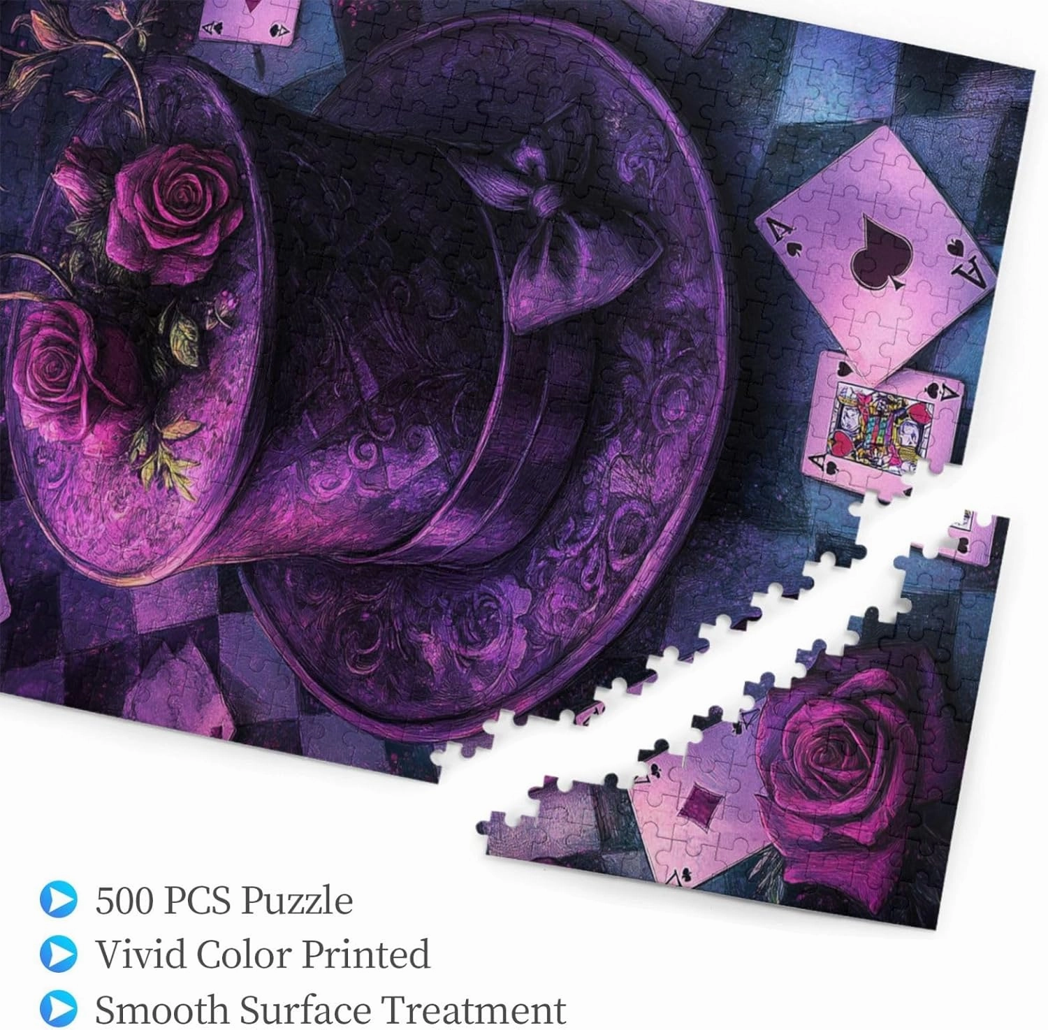 Rose and Card On Magic Hat, 500 Pcs Wooden Jigsaw Puzzles for Adults,Creative Games and Holiday Party Gifts Artwork Wall Home Decoration, Release Stress,Gift for Friends and Relatives