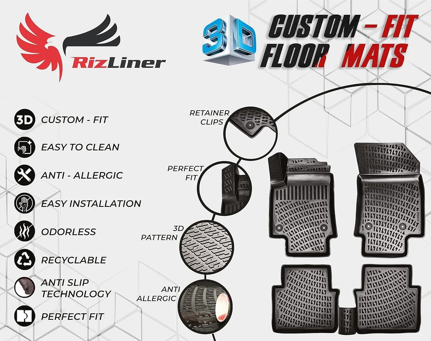 S60 2019-2025 Floor Mats 3D Custom Fit Rubber Car Mats Laser Measured Floor Liners All Weather Heavy Duty Waterproof Odorless Non-Slip TPE (Front & Rear, Black)
