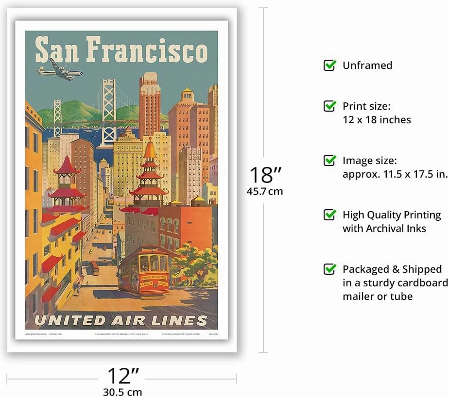 San Francisco California - Cable Car in Chinatown - United Air Lines - Vintage Airline Travel Poster by Joseph Fehér c.1950s - Master Art Print (Unframed) 12in x 18in