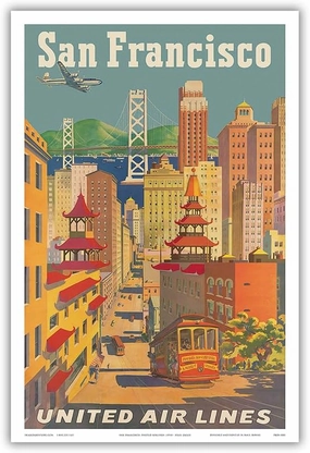 San Francisco California - Cable Car in Chinatown - United Air Lines - Vintage Airline Travel Poster by Joseph Fehér c.1950s - Master Art Print (Unframed) 12in x 18in